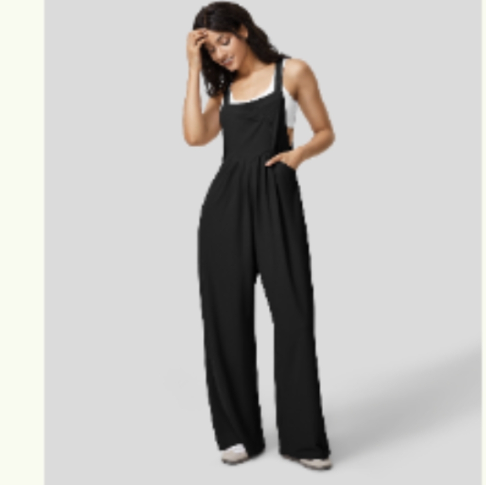 Adjustable Strap Button Multiple Pockets Plicated Waffle Casual Overalls Black M